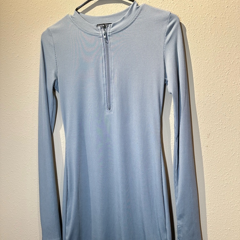 SHEIN Light Blue Ribbed Long Sleeve Zip Dress